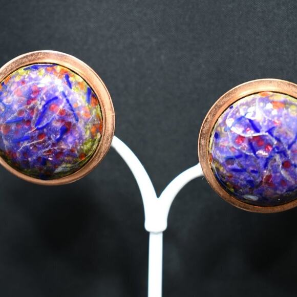 Renoir Matisse Vintage Crackle Lucite Copper Clip Earrings, Designer 1 1/4 Inch - Picture 3 of 10